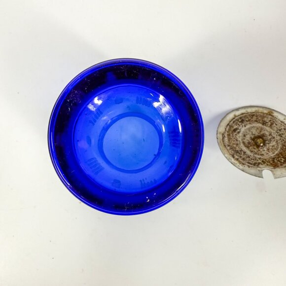 Vintage Cobalt Blue Glass Lidded Etched Condiment Jar and Spoon - Picture 5 of 5